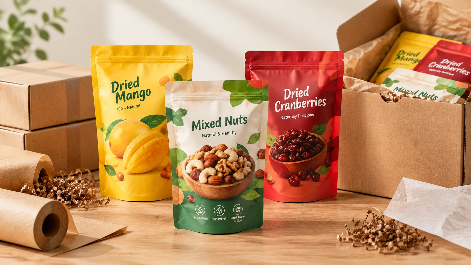 Bolsas de snacks com materiais de embalagem Bolsas de snacks impressas ao lado de caixas de transporte e materiais de embalagem