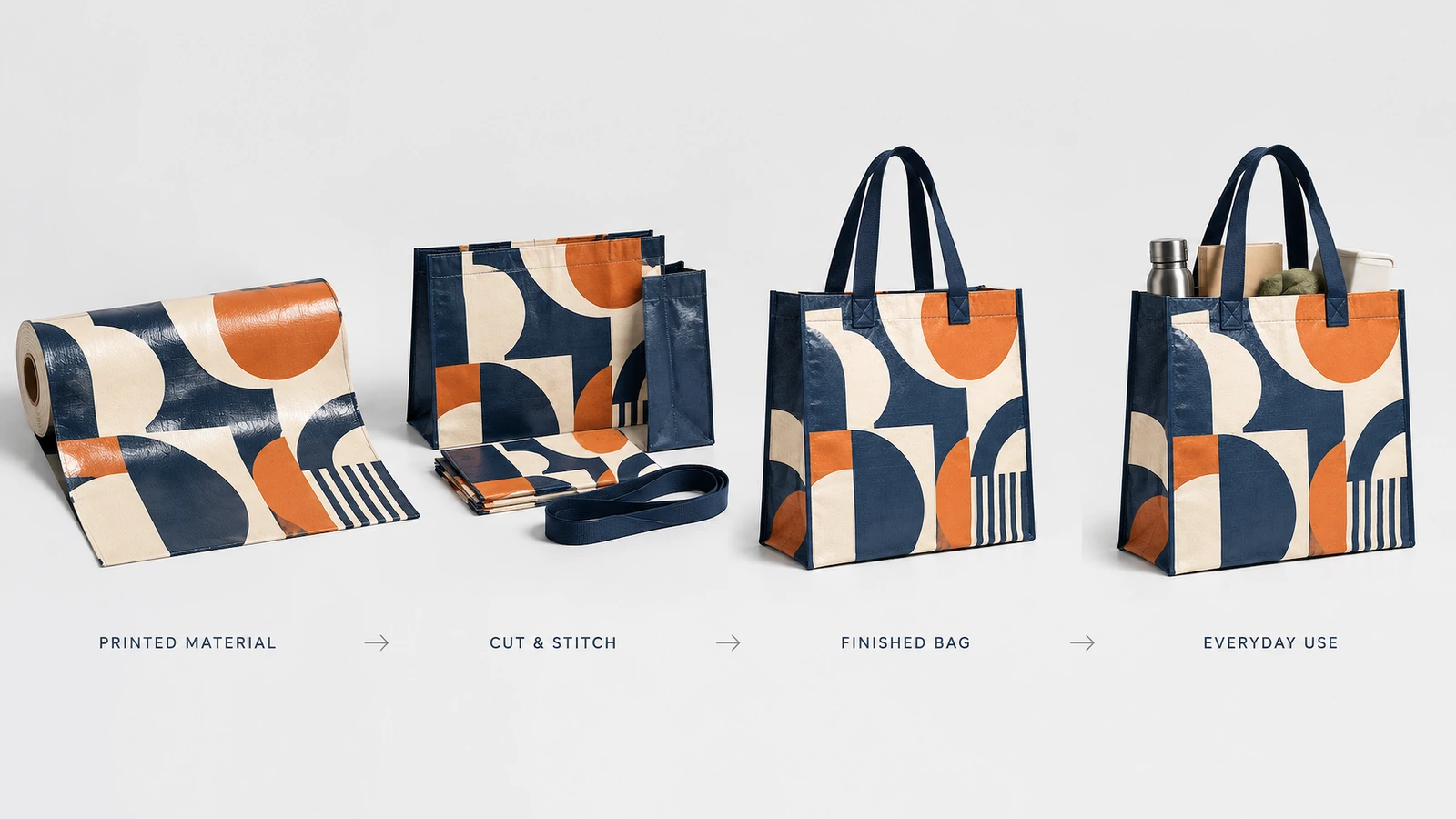 Sequência de construção e uso da sacola tote estampada Progressão ilustrada do material estampado às peças cortadas, a uma sacola tote acabada e a uma sacola tote cheia