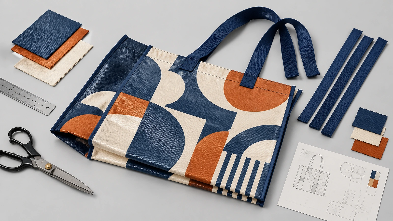 Sacola tote estampada e materiais de construção Sacola tote estampada em azul-marinho, laranja e creme, com peças de tecido, alças, tesoura e um desenho da sacola