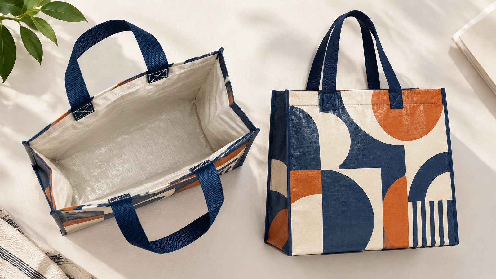 Vistas interna e frontal de uma sacola tote estampada Vistas aberta e em pé de uma sacola tote estampada com alças azul-marinho