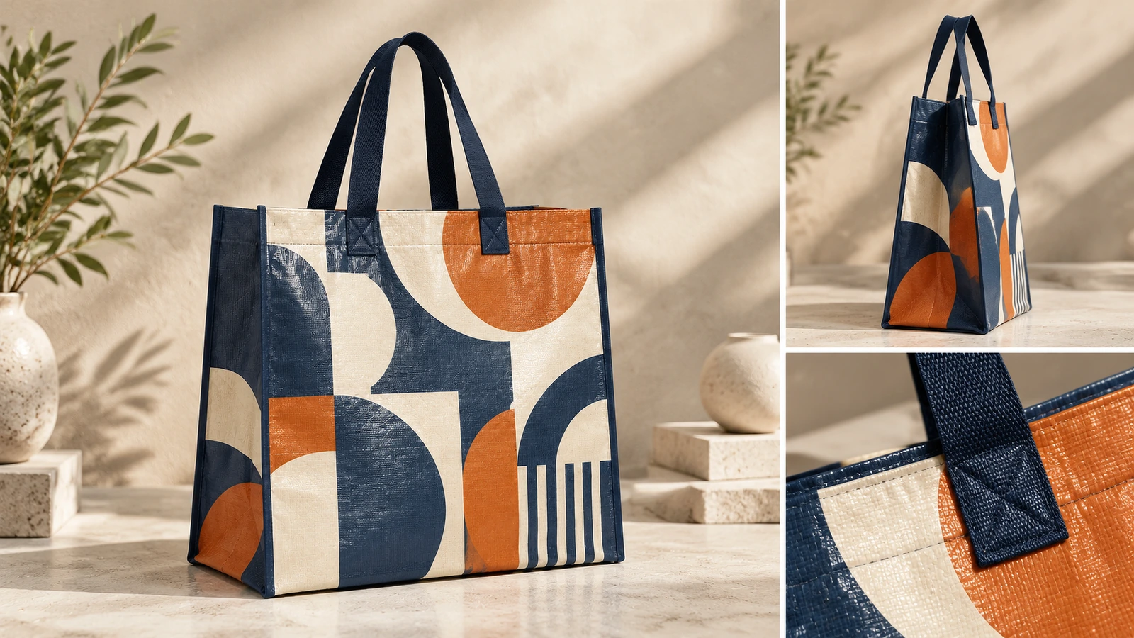 Perfil lateral da sacola tote e detalhe da alça Sacola tote estampada com vista lateral em destaque e close-up da costura reforçada da alça