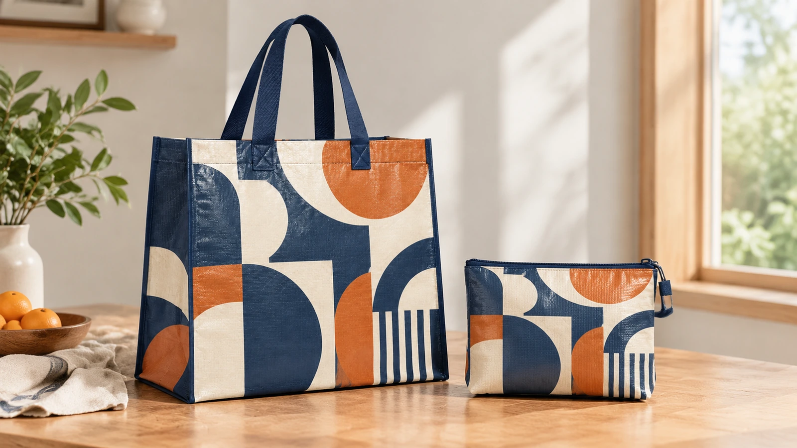 Sacola tote estampada e bolsa combinando Sacola tote com padrão geométrico e bolsa com zíper combinando sobre uma mesa de madeira