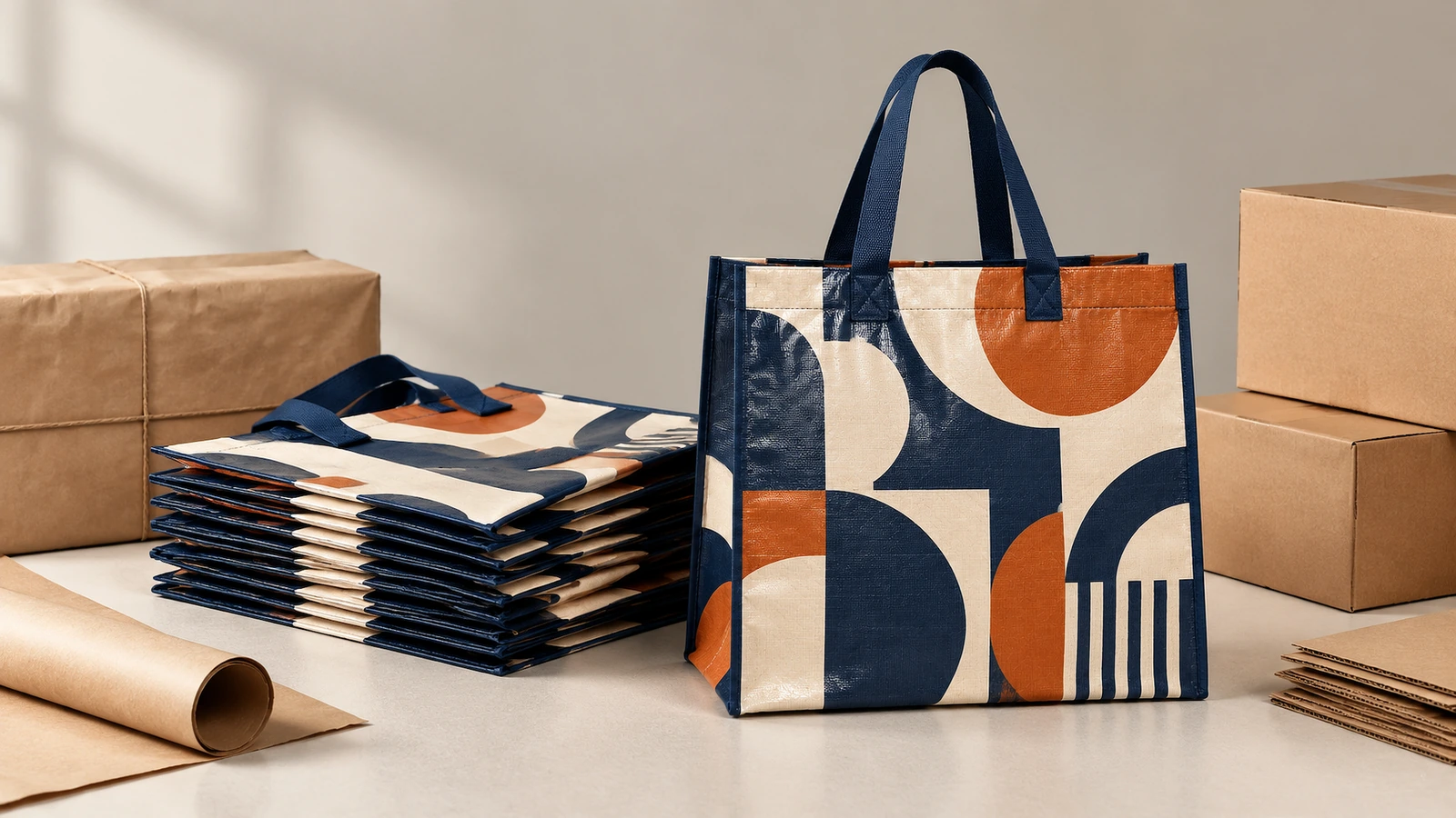 Sacola tote estampada e sacolas dobradas para embalagem Sacola tote estampada em pé e sacolas dobradas ao lado de caixas de papelão lisas