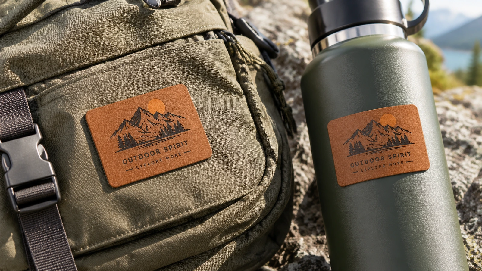 Etiquetas marrons de logotipo de montanha em couro PU sobre uma mochila verde e uma garrafa verde