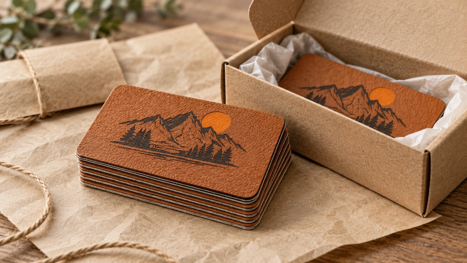 Etiquetas marrons de logotipo de montanha em couro PU empilhadas ao lado de uma caixa kraft aberta