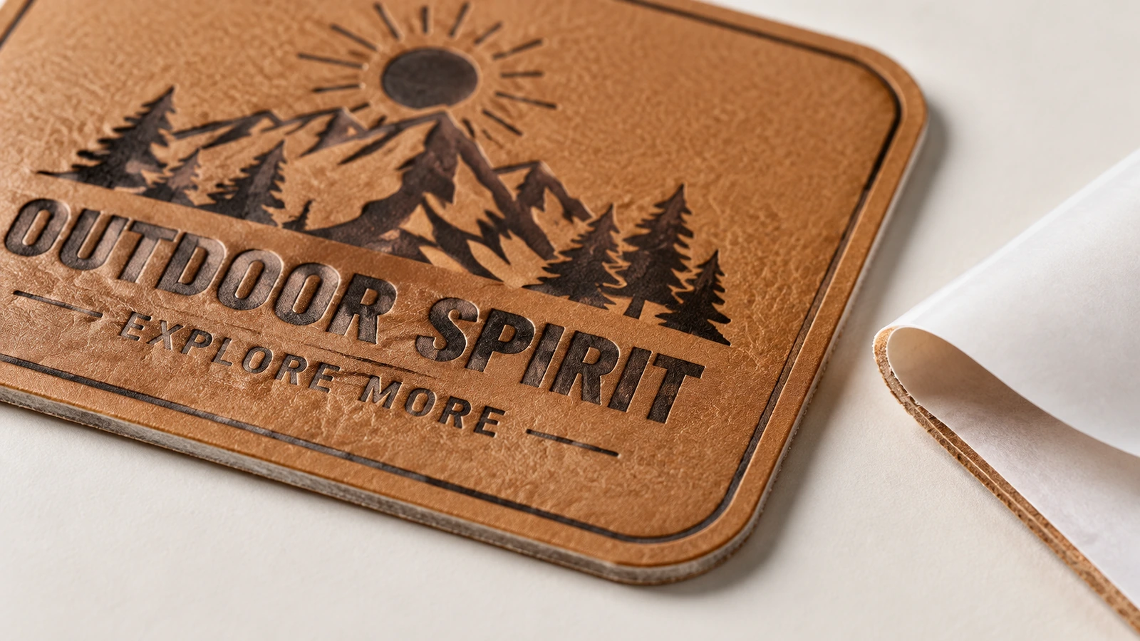 Close-up de uma etiqueta de couro PU marrom texturizada com logotipo de montanha Outdoor Spirit