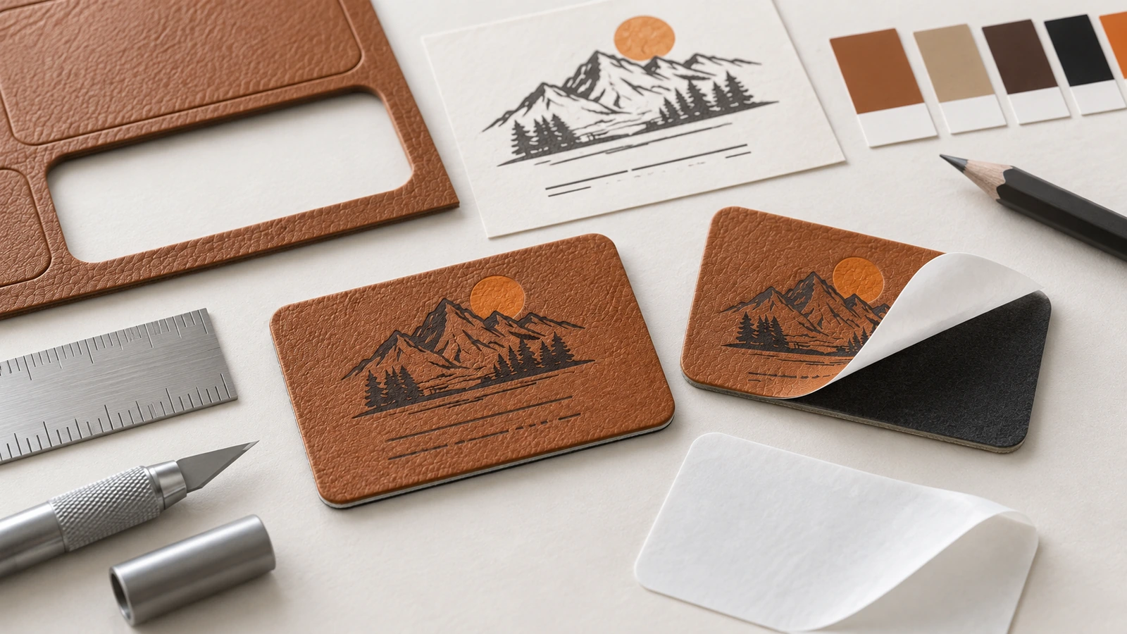 Etiquetas de logotipo em couro PU marrom com arte de montanha, amostras de cor e o liner de liberação destacado