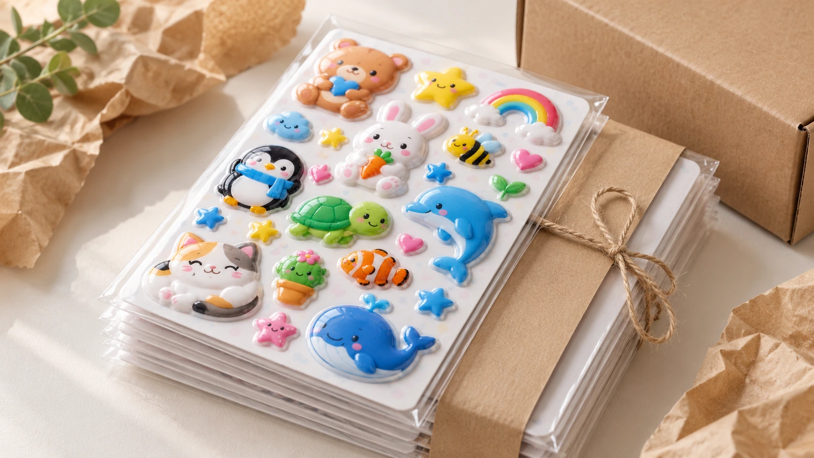 Pilha de folhas de adesivos puffy em capas transparentes ao lado de uma encomenda embrulhada em papel kraft e de uma caixa de papelão