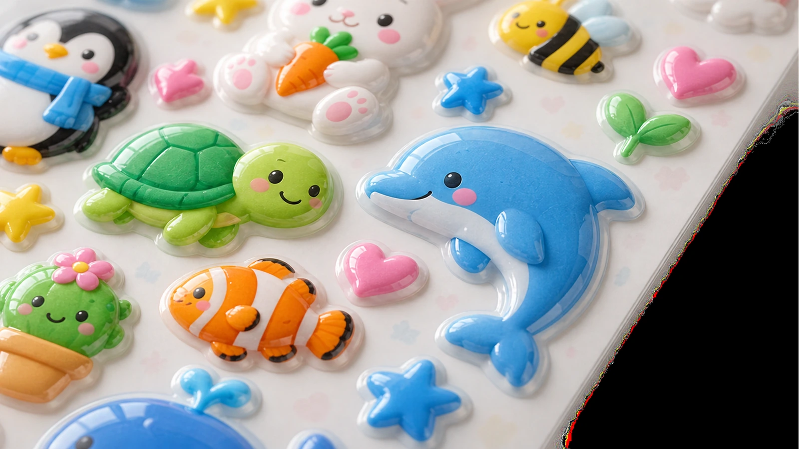 Close-up de adesivos puffy brilhantes de golfinho, tartaruga, coelho e peixe em uma folha