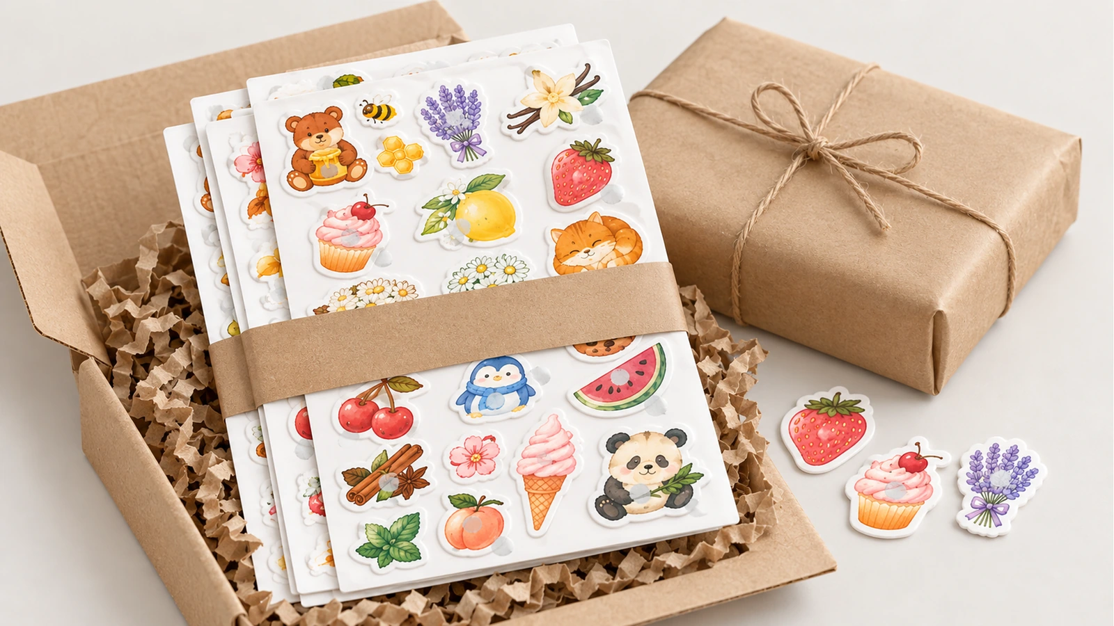 Folhas de adesivos ilustradas presas com faixa de papel kraft, em uma caixa aberta ao lado de uma caixa amarrada com barbante