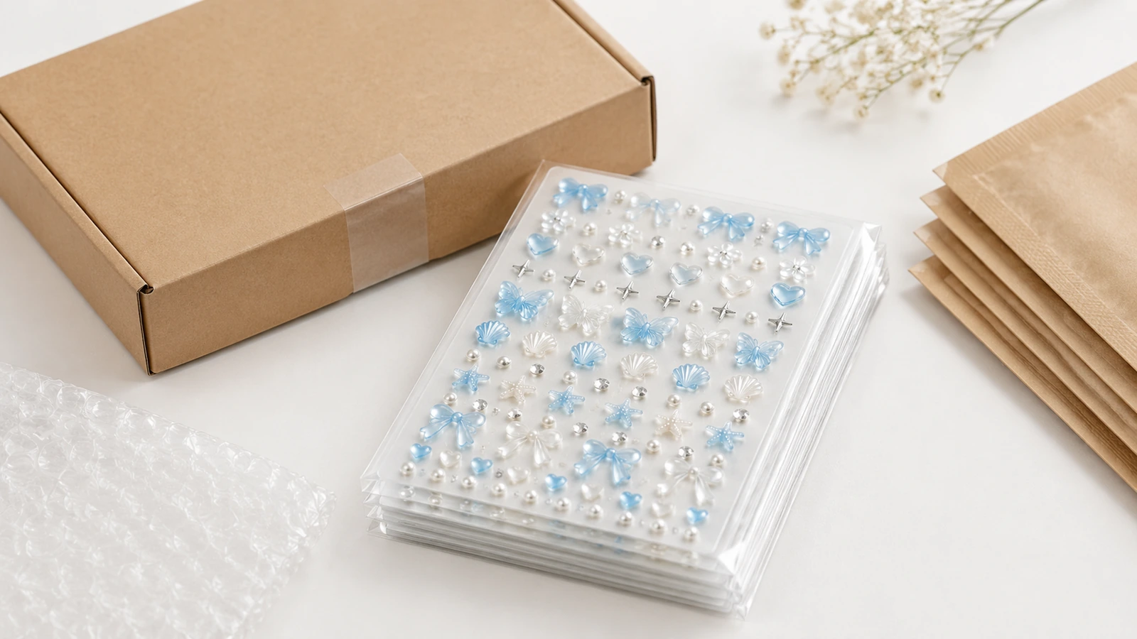 Folhas de decoração empilhadas ao lado de uma caixa marrom e envelopes kraft