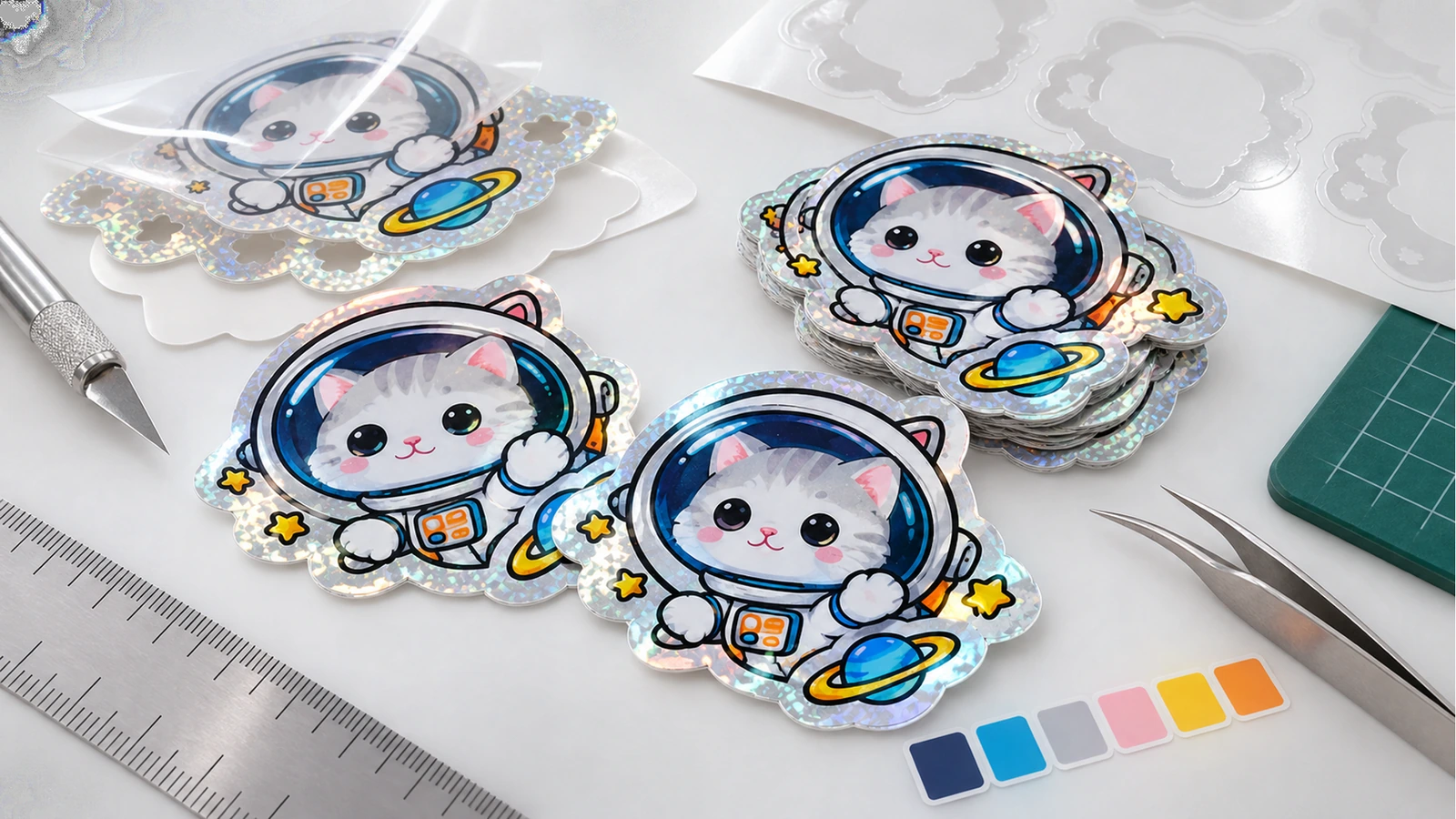 Adesivos de gato astronauta recortados por matriz, com bordas brilhantes e estampadas, dispostos ao lado de uma régua, ferramentas de corte e amostras de cor