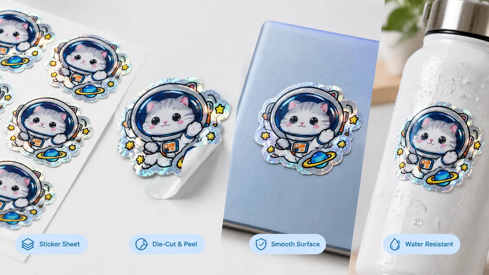 Colagem de 4 painéis mostrando folhas de adesivos de gato astronauta, um adesivo destacado, um adesivo em um caderno e um adesivo em uma garrafa