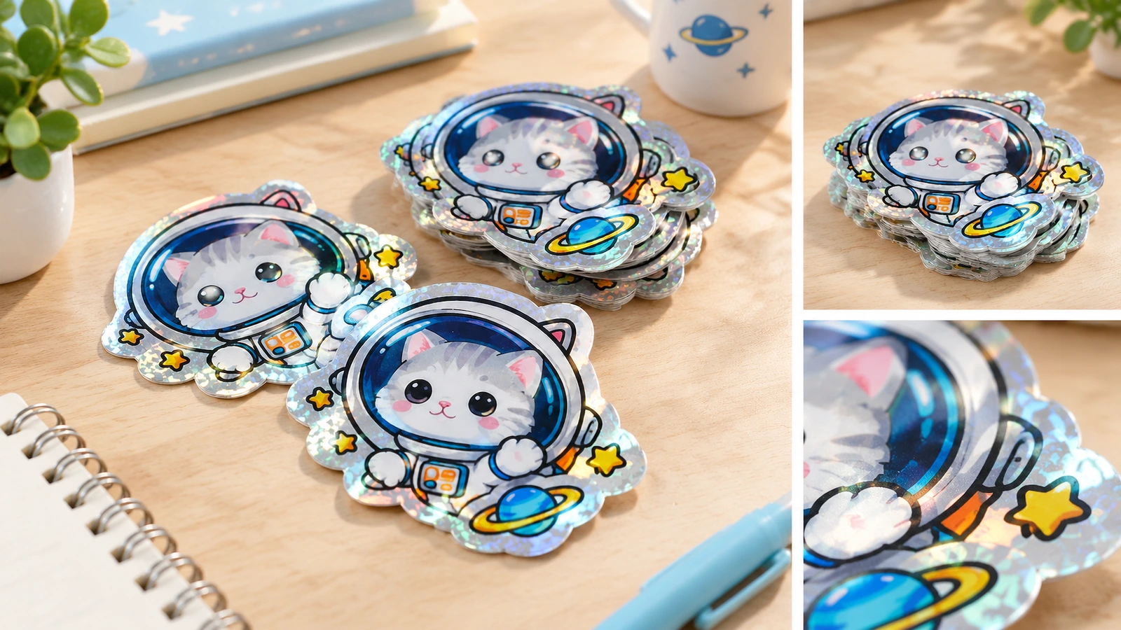 Colagem de adesivos de gato astronauta soltos e empilhados sobre uma mesa, incluindo um close-up da borda estampada brilhante