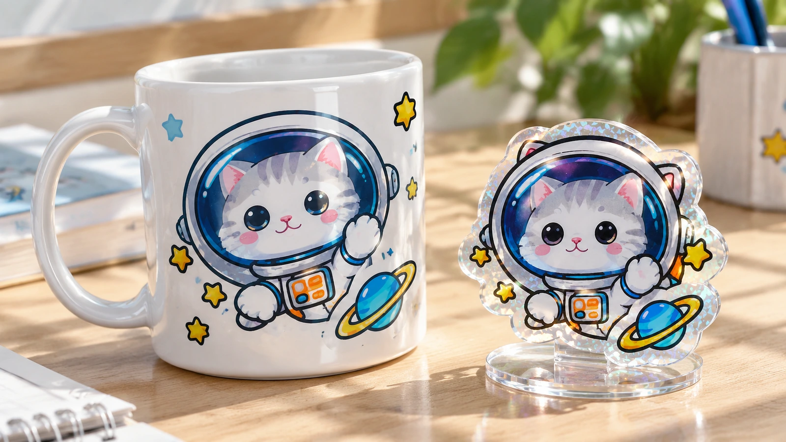 Desenho do gato astronauta em uma caneca branca, ao lado de um recorte correspondente exibido em um suporte transparente
