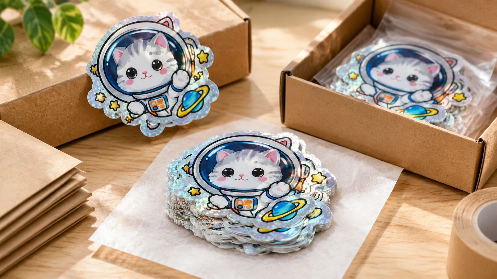 Adesivos de gato astronauta dispostos ao lado de embalagem kraft, com uma pilha de adesivos sobre papel de seda e adesivos embrulhados em uma caixa aberta