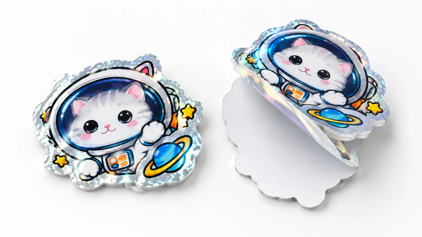 Dois adesivos de gato astronauta recortados por matriz, com um deles parcialmente destacado para mostrar o papel de base branco