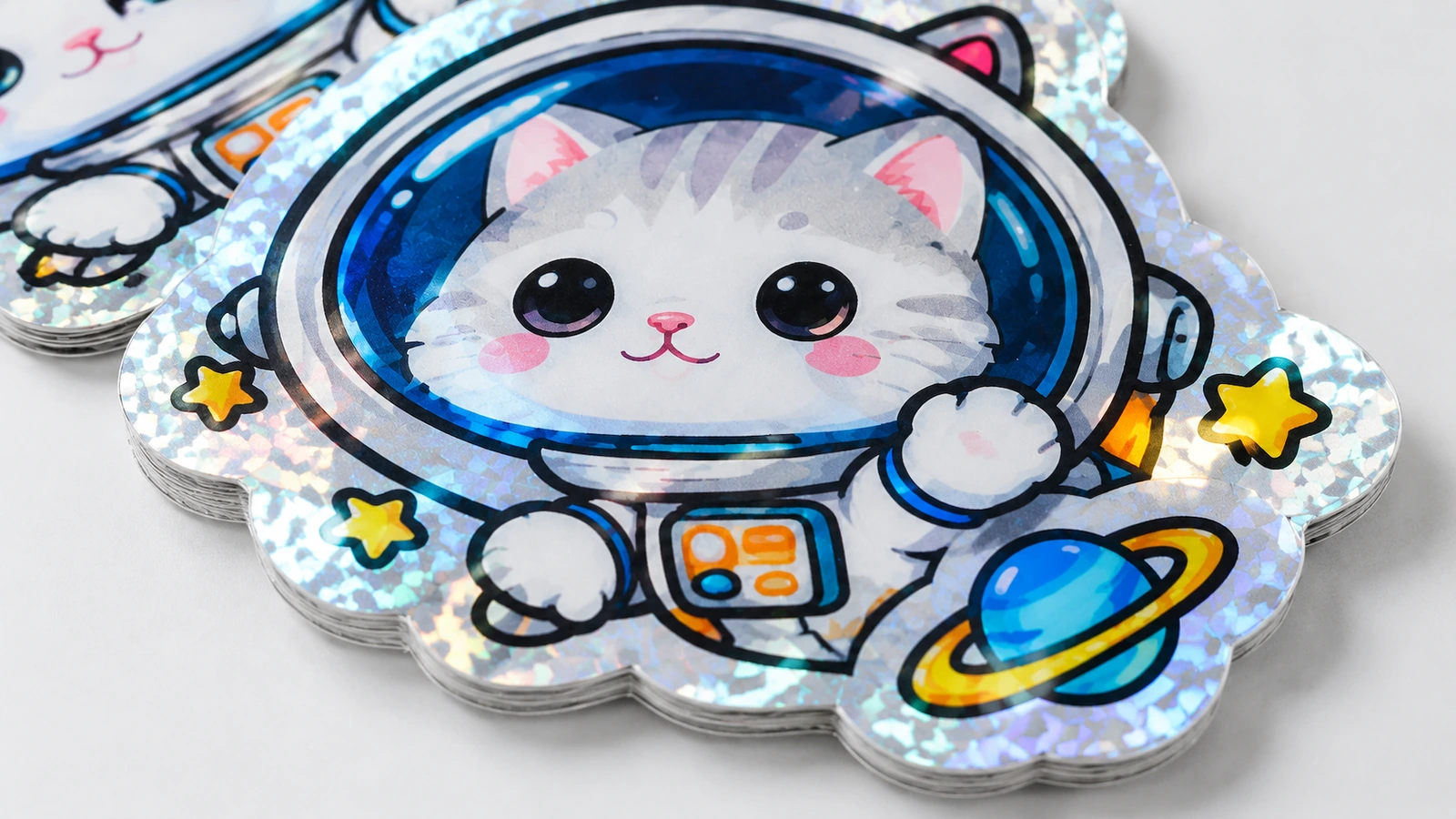 Close-up de adesivos de gato astronauta empilhados, com borda estampada brilhante, estrelas e um planeta azul com anéis