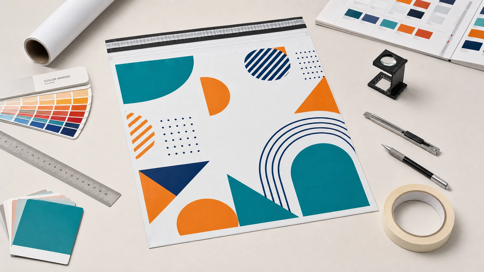 Exibição do design de mailer com estampa geométrica Ilustração de um mailer com estampa geométrica ao lado de amostras de cor, uma régua e ferramentas de arte
