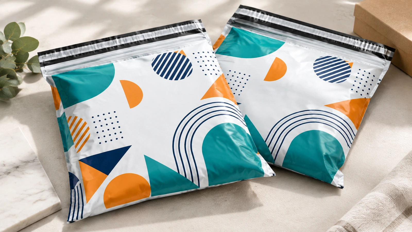 Mailers cheios com estampa geométrica Ilustração de dois mailers cheios com estampa geométrica, ao lado de caixas de papelão