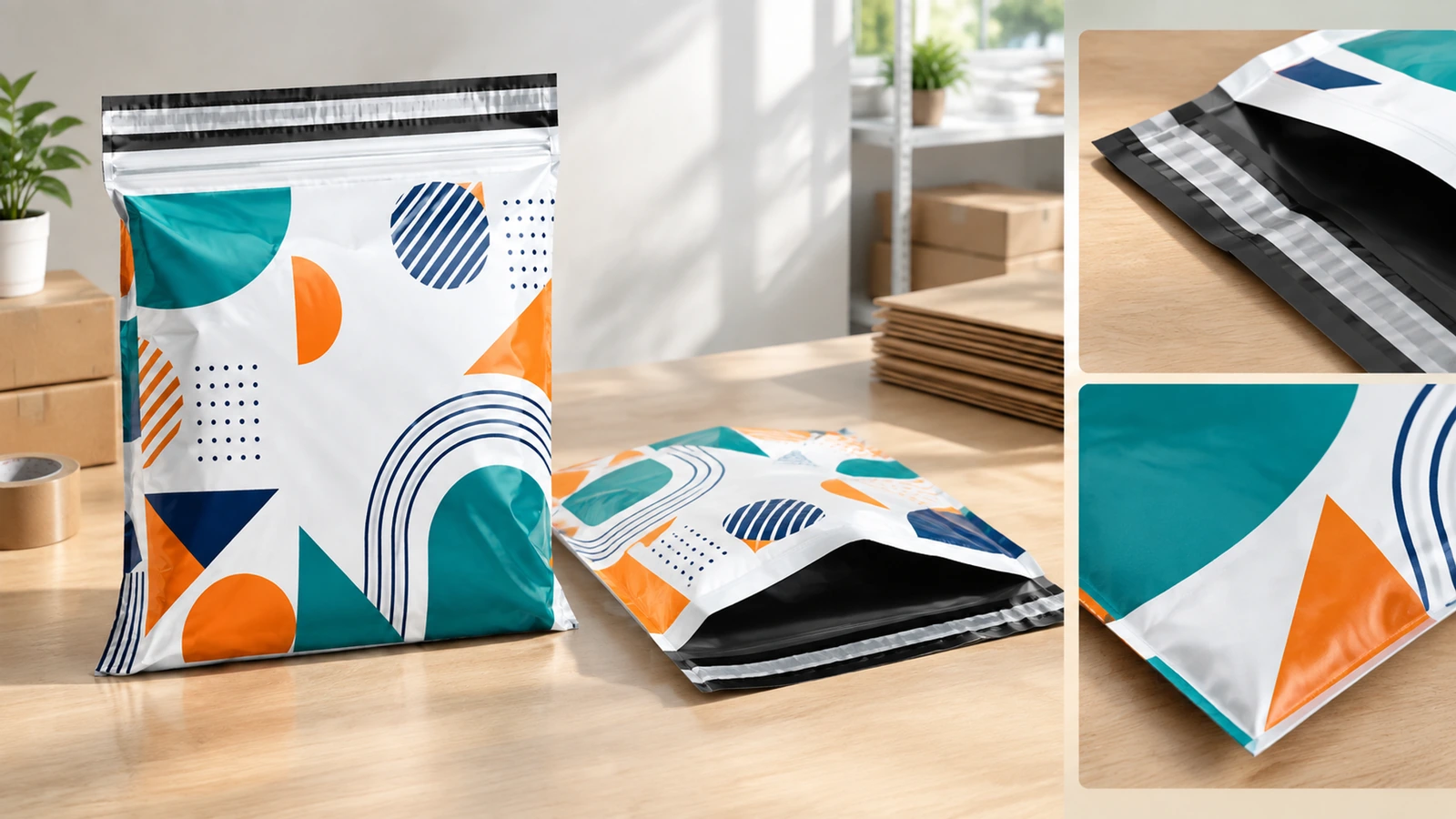 Colagem de detalhe de mailers com estampa geométrica Colagem mostrando mailers com estampa geométrica e detalhes de uma abertura e de um canto