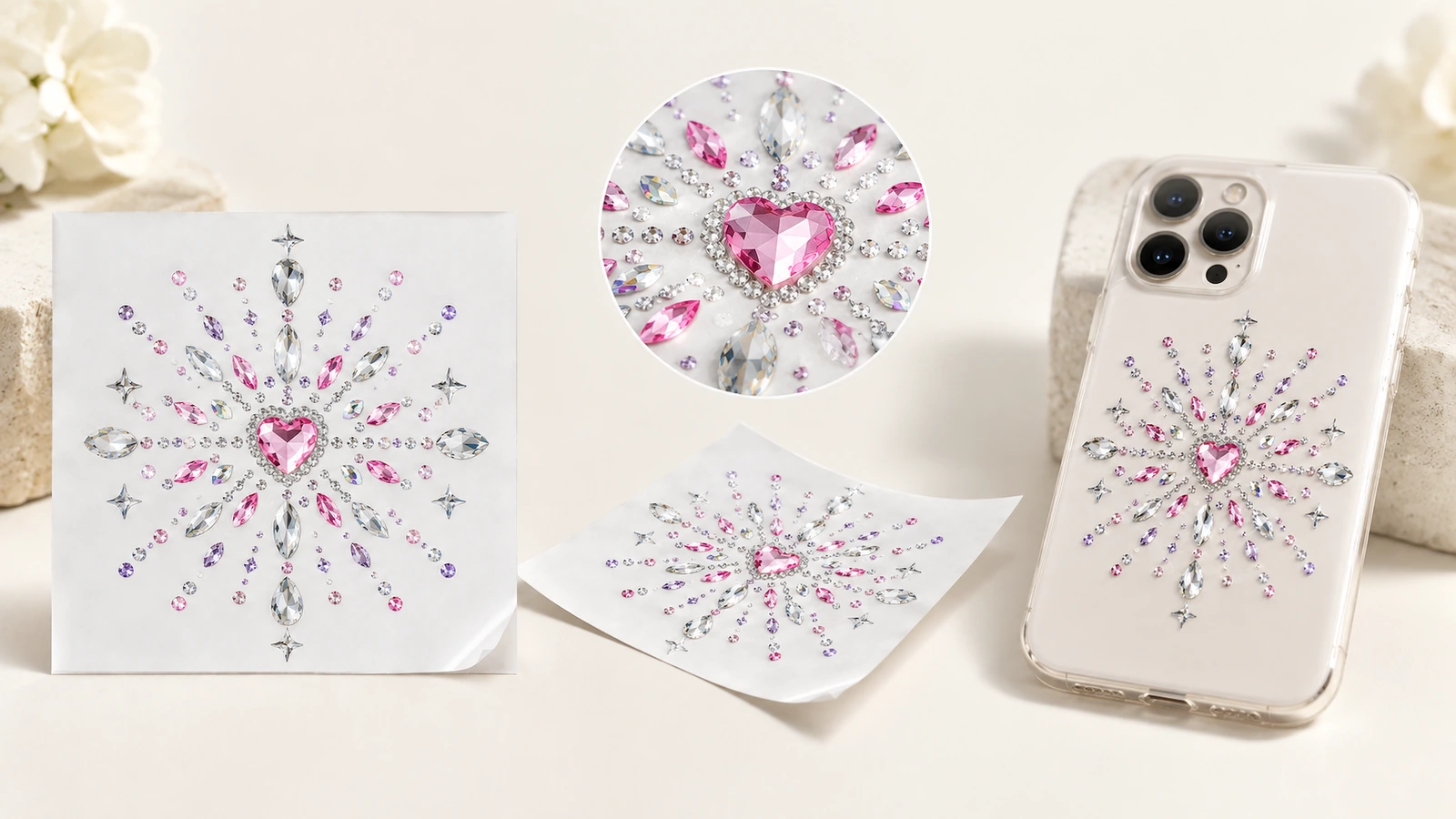 Motivos de strass com centro em formato de coração sobre folhas brancas e uma capa transparente de celular, com um detalhe circular em destaque