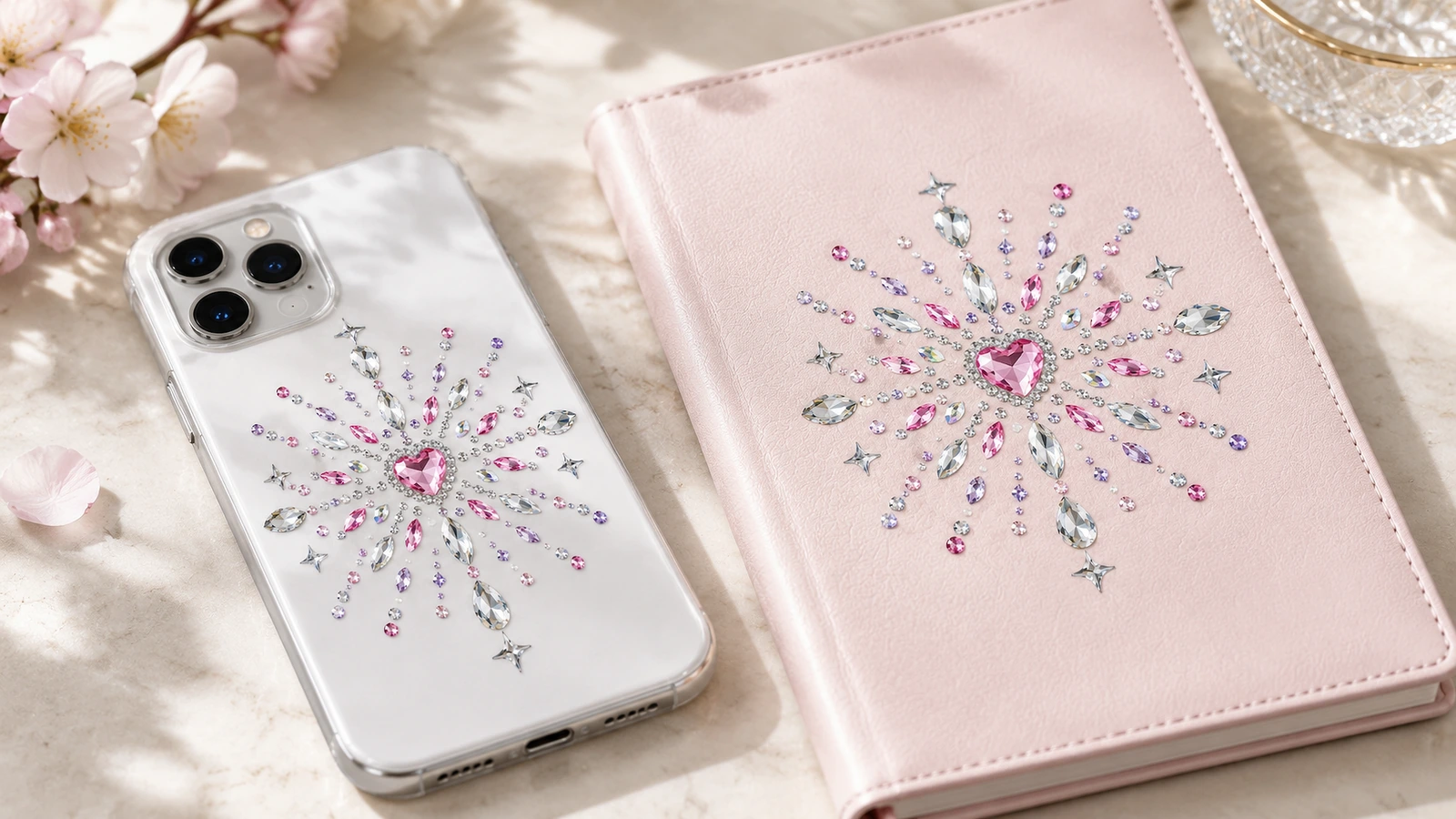 Motivos de strass rosa iguais com centro em formato de coração decorando uma capa transparente de celular e um caderno rosa