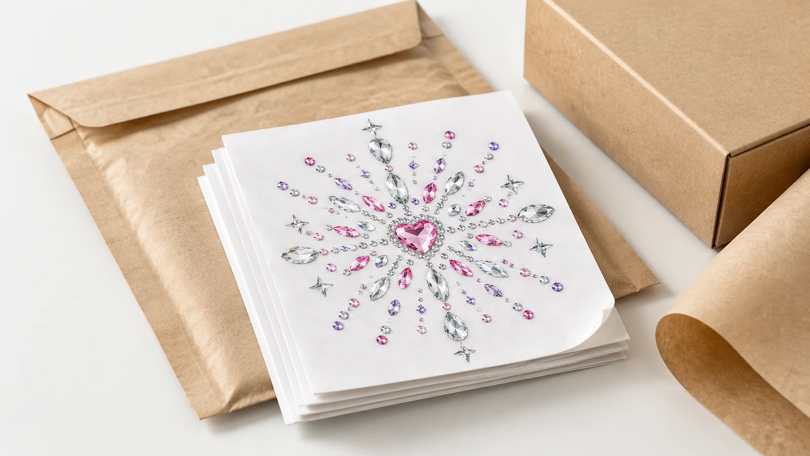 Uma pilha de folhas brancas com motivos de strass com centro em formato de coração ao lado de um envelope kraft, uma caixa e um rolo de papel