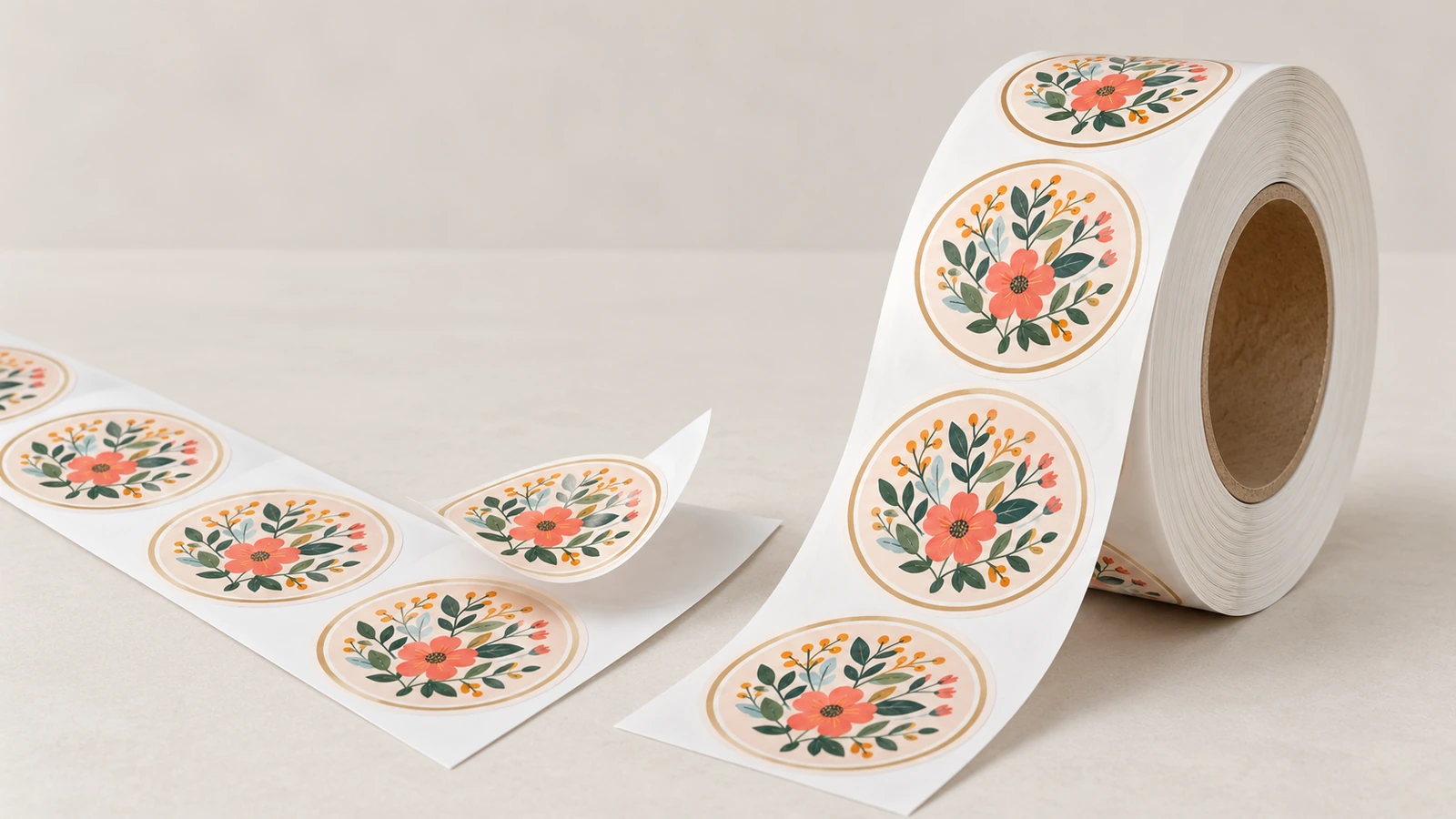 Rótulos florais redondos em uma tira desenrolada, com um rótulo parcialmente descolado ao lado de um rolo em pé