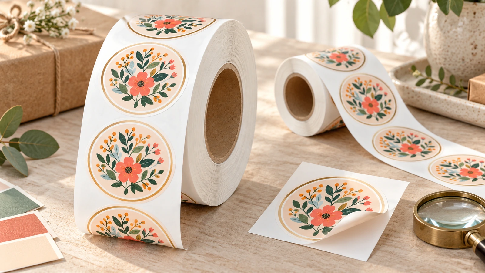 Rolos de rótulos florais e uma amostra solta de rótulo sobre uma mesa de madeira, com amostras de cor e uma lupa