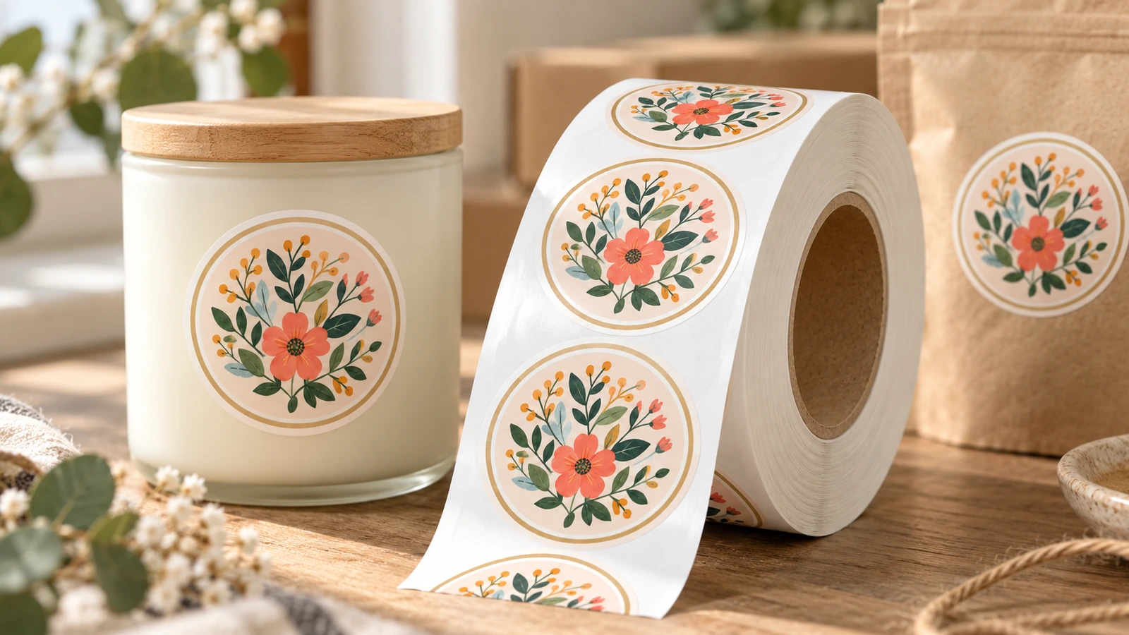 Um rolo de rótulos florais ao lado de um pote de vela e uma embalagem kraft com rótulos redondos correspondentes
