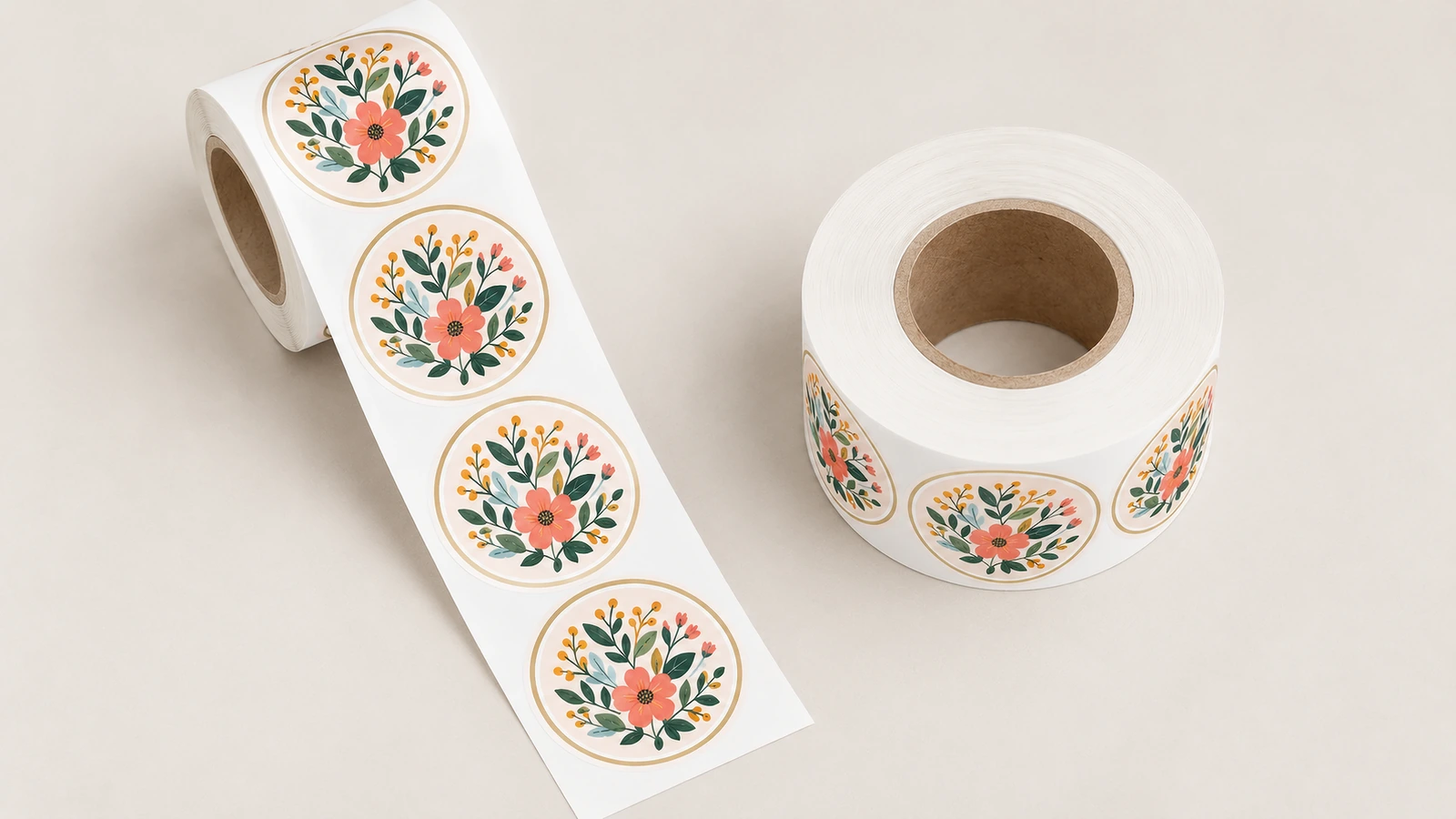 Dois rolos de rótulos florais redondos sobre uma superfície clara, com uma tira desenrolada de um dos rolos