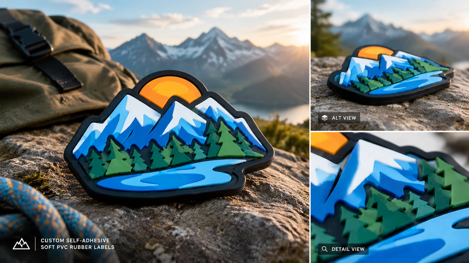 Etiqueta com design de montanha exibida sobre uma rocha ao lado de uma mochila, com miniaturas de vistas alternativas e detalhes