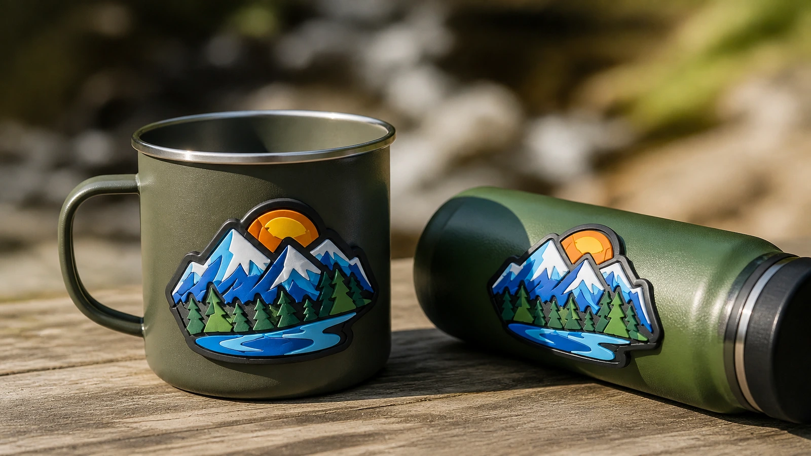 Etiquetas com design de montanha exibidas em uma caneca e em uma garrafa de acampamento ao lado de um riacho