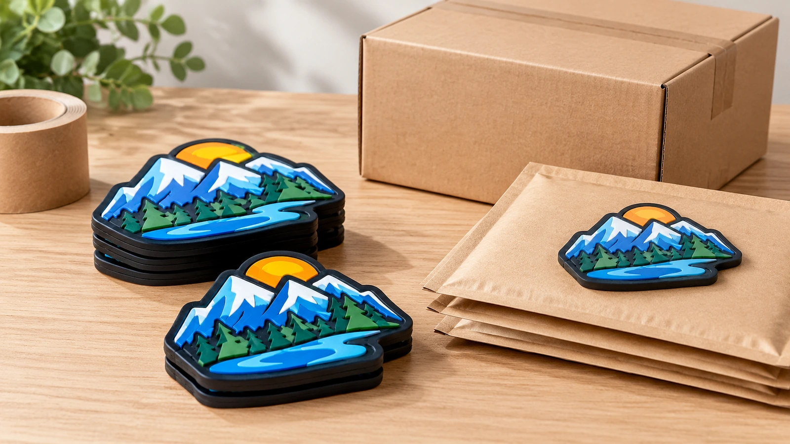 Pilhas de etiquetas com design de montanha ao lado de envelopes kraft e de uma caixa de papelão