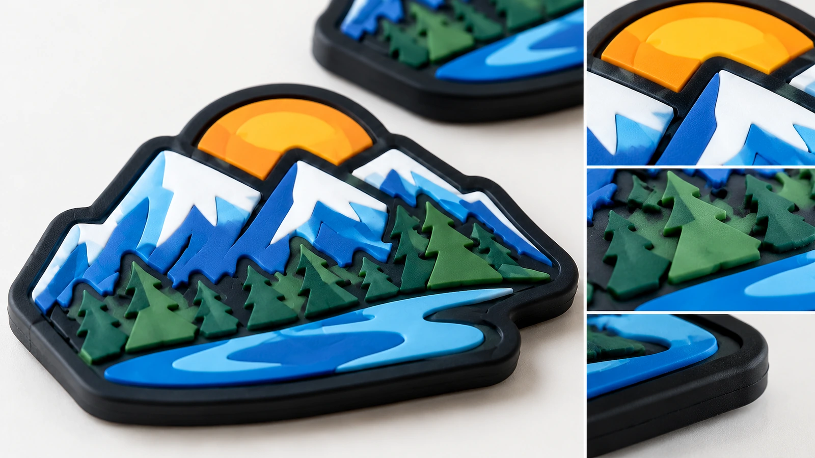 Close-up de uma etiqueta de PVC macio com design de montanha, com detalhes ampliados do sol, das montanhas, das árvores e do rio