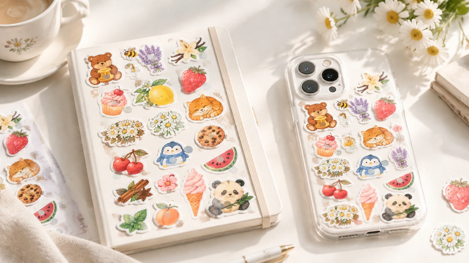 Designs de adesivos correspondentes de frutas, flores e animais exibidos em um caderno e em uma capa transparente de celular