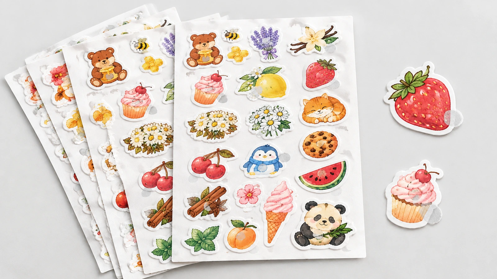 Vista de cima de folhas de adesivos ilustradas empilhadas, com adesivos separados de morango e cupcake
