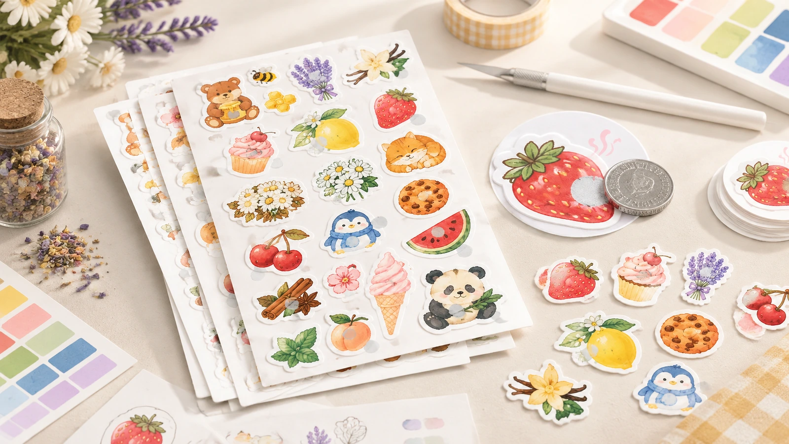Folhas de adesivos ilustradas e adesivos soltos de frutas, flores e animais, dispostos com amostras de cores e ferramentas de desenho
