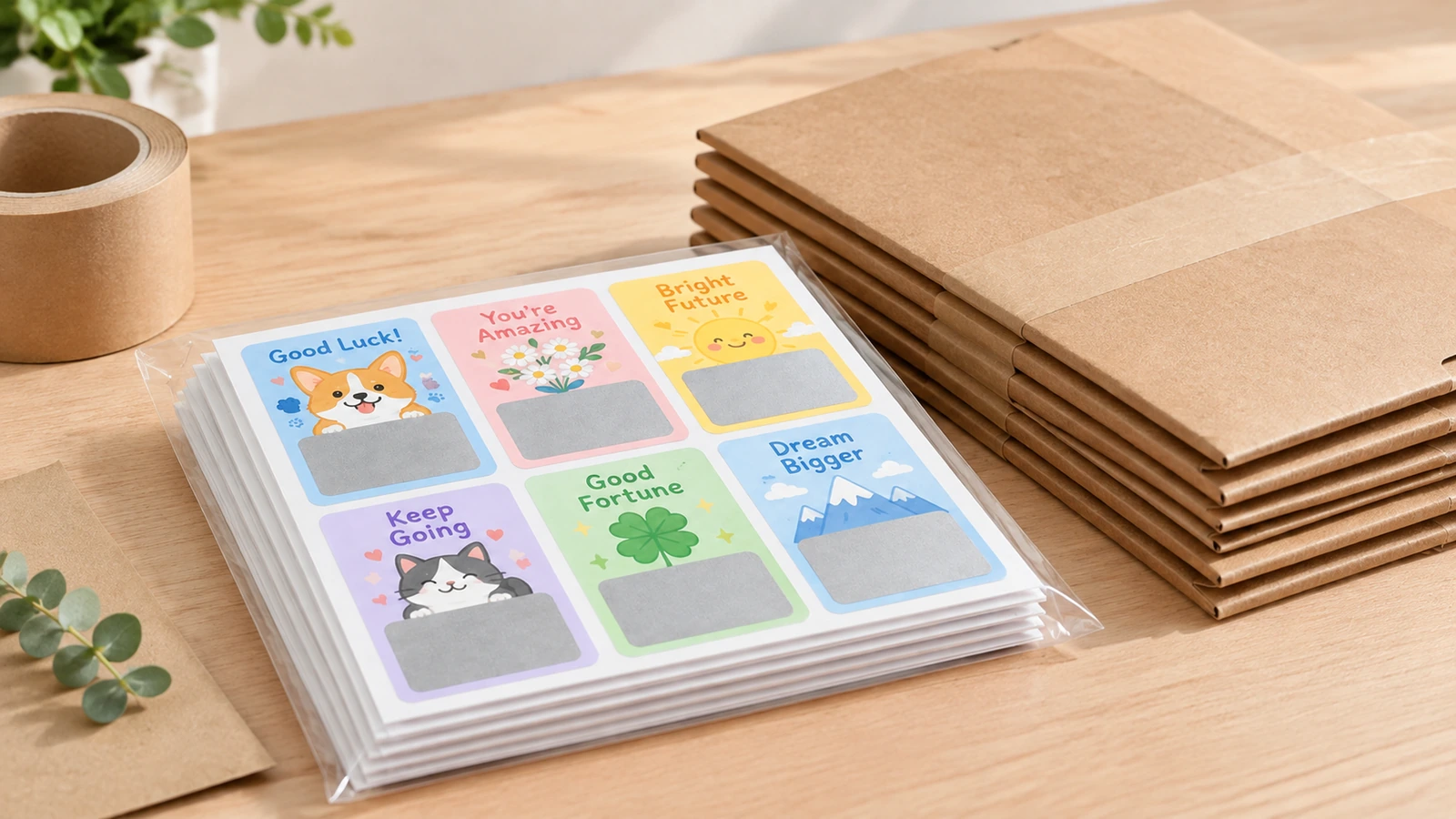Folhas de cartões de recompensa em envelopes plásticos transparentes ao lado de envelopes de papelão marrom empilhados
