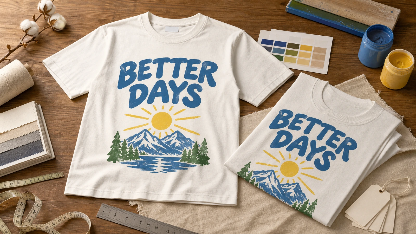 Camisetas creme estampadas e dobradas ao lado de recipientes de tinta, amostras de cor e amostras de tecido