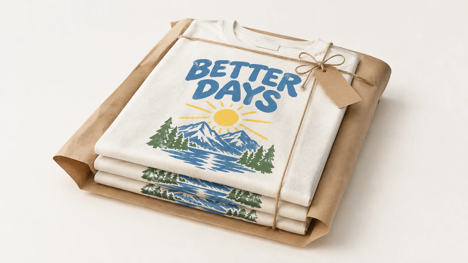 Camisetas estampadas dobradas, embrulhadas em papel kraft e amarradas com barbante
