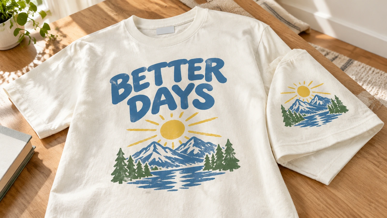 Camiseta creme estampada ao lado de uma camiseta dobrada com o mesmo gráfico de montanha