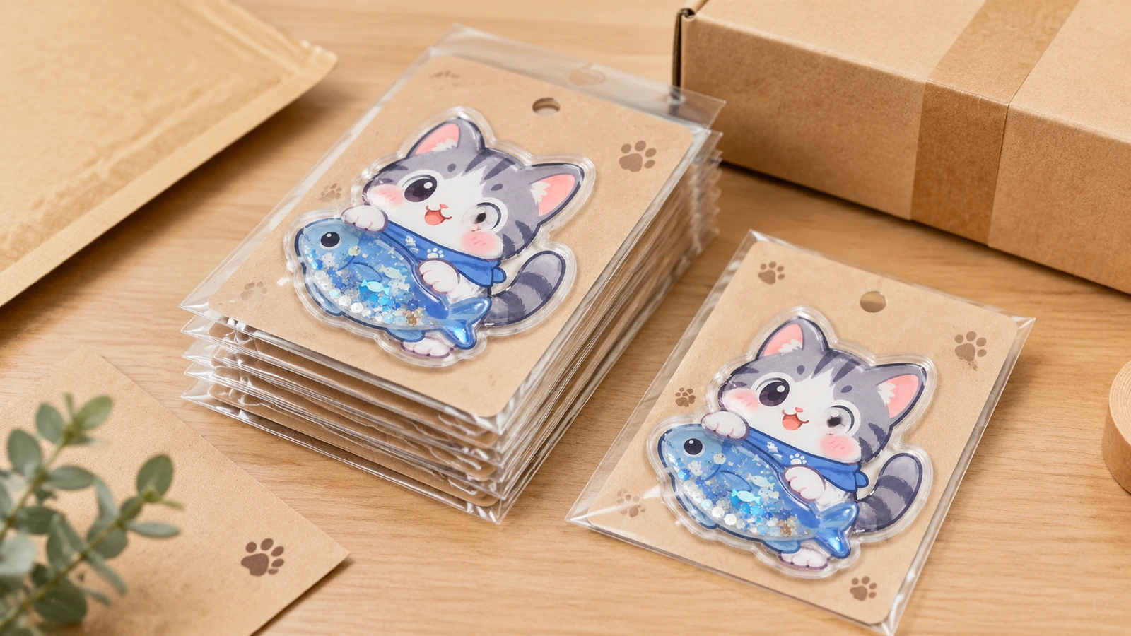 Adesivos shaker de gato e peixe embalados individualmente com cartões de suporte kraft em envelopes transparentes, ao lado de uma caixa de papelão