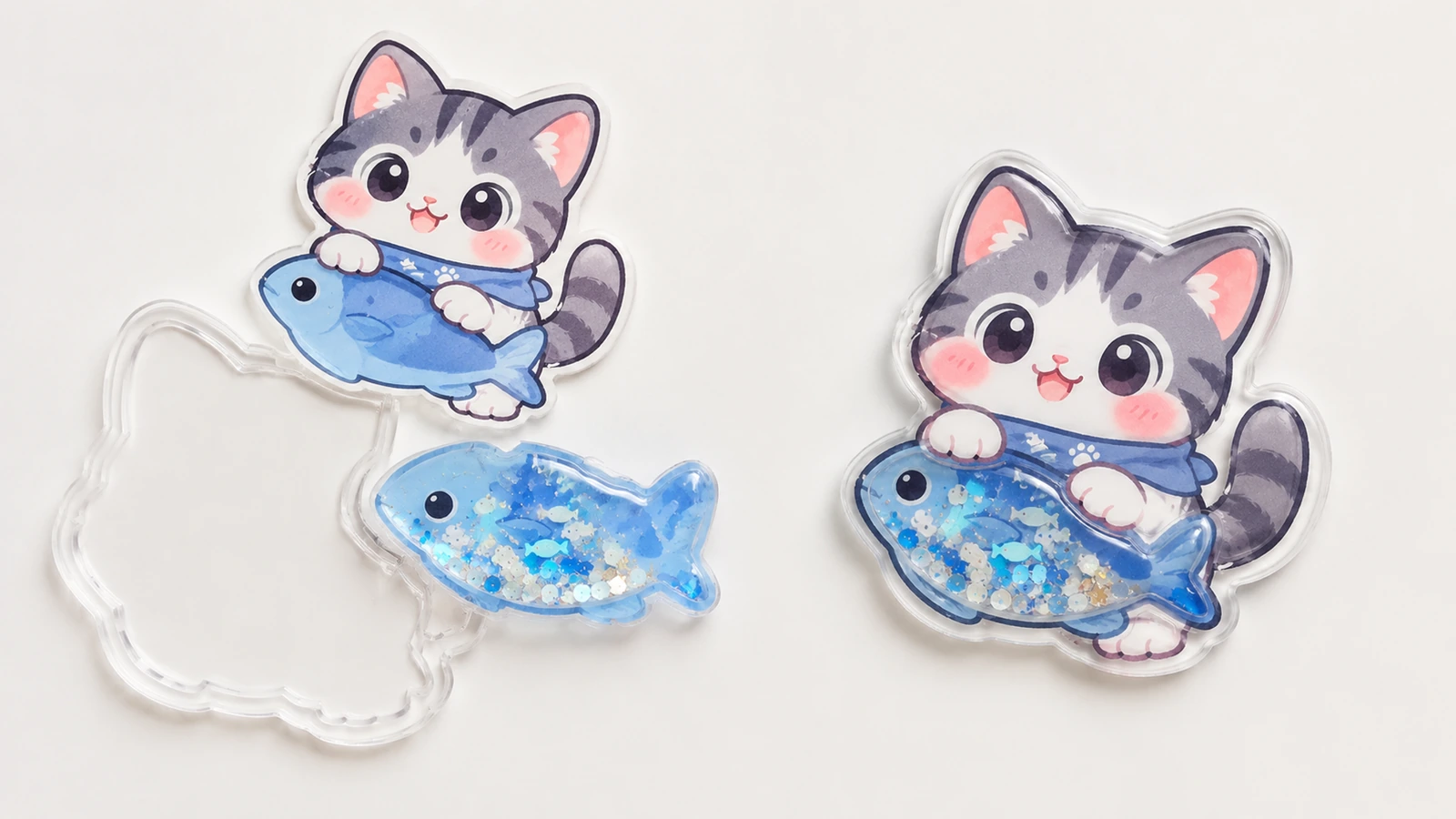 Peça impressa de gato e peixe, casca de blister transparente, seção do peixe preenchida de azul e adesivo shaker montado, dispostos sobre uma superfície branca