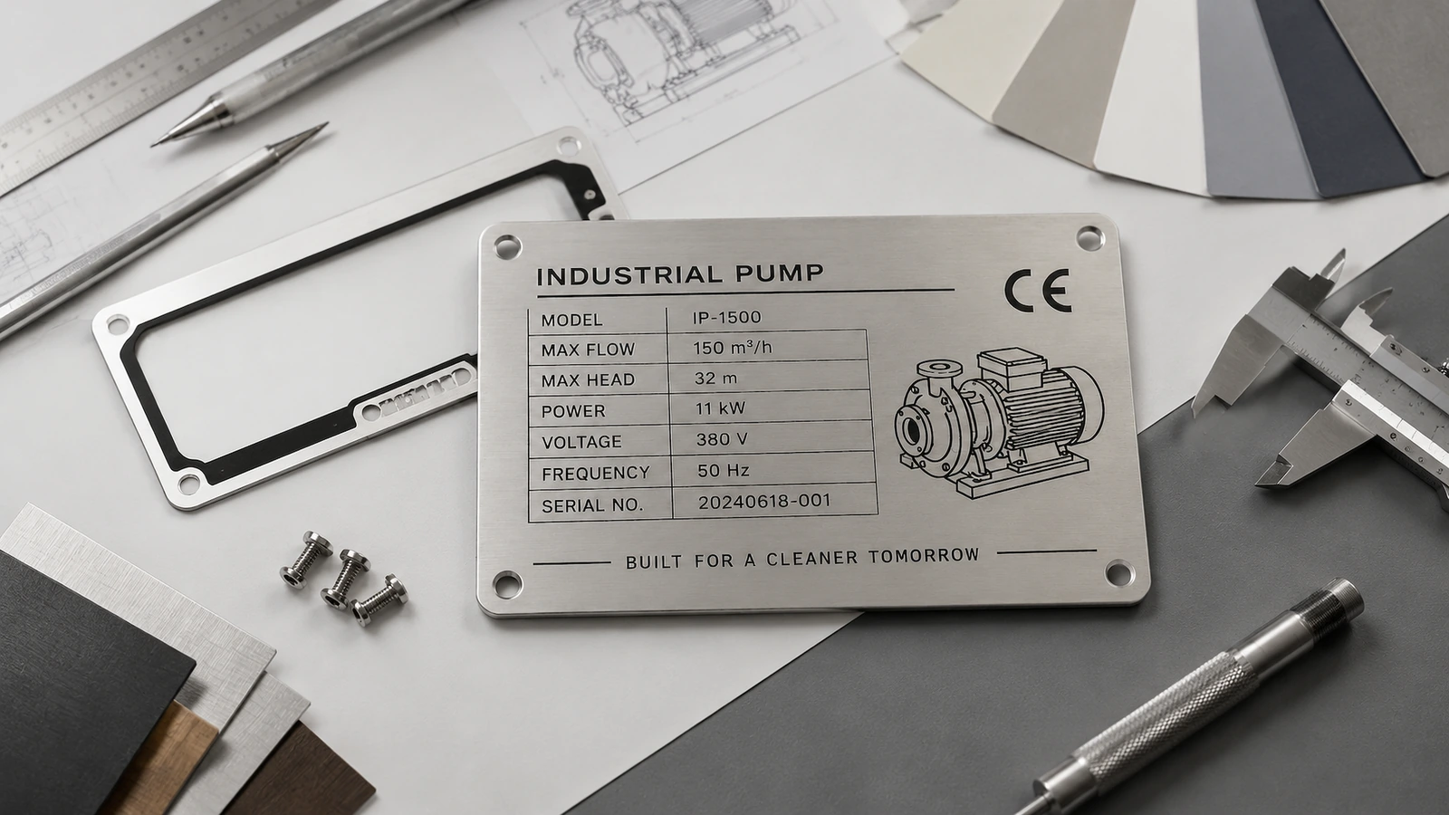 Placa de identificação de bomba industrial em aço inoxidável, com quatro furos de fixação, sobre uma bancada ao lado de desenhos, paquímetros e fixadores
