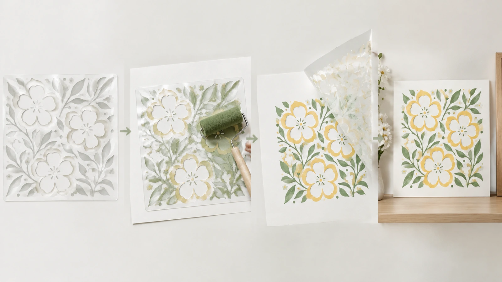 Sequência de pintura com estêncil floral Demonstração de 4 painéis de um estêncil floral, com aplicação por rolo, retirada da folha e desenho floral finalizado