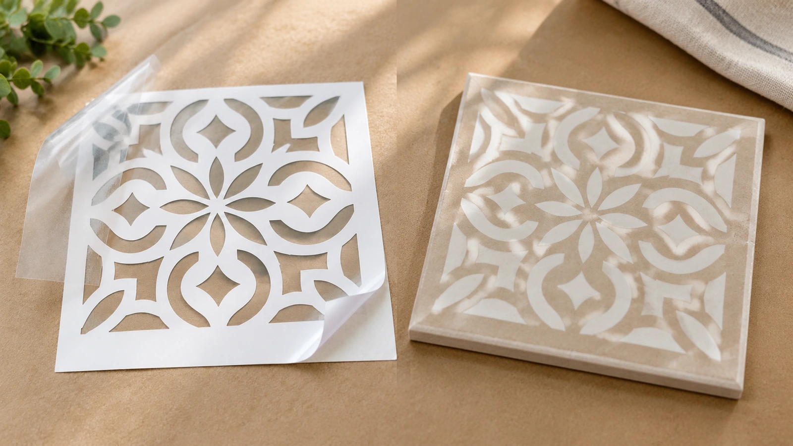 Estêncil floral branco com uma camada levantada ao lado de uma folha de estêncil floral translúcida