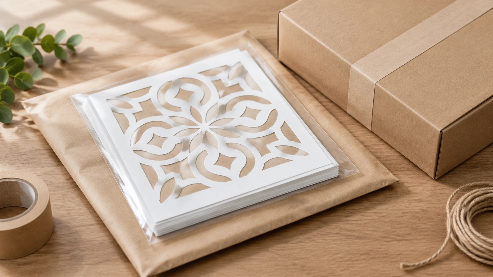 Folhas de estêncil floral empilhadas em um envelope transparente sobre um envelope kraft, ao lado de uma caixa de papelão