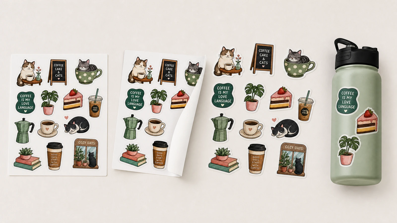 Folhas de adesivos e decorações correspondentes para garrafas Folhas de adesivos de gato e café e desenhos soltos ao lado de uma garrafa decorada com adesivos correspondentes